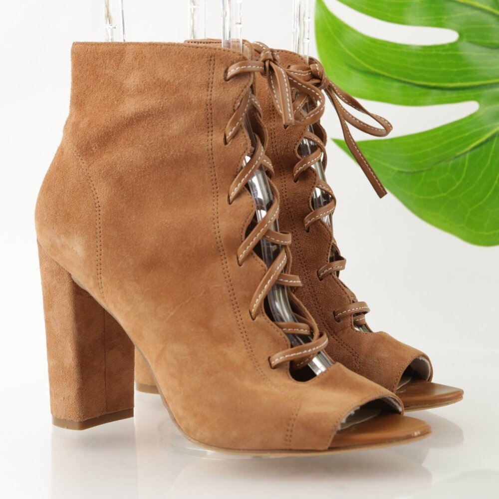 Sam Edelman Womens Yvie Bootie Sandal Size 8.5 Tan Suede Zip Lace Up Block Heel